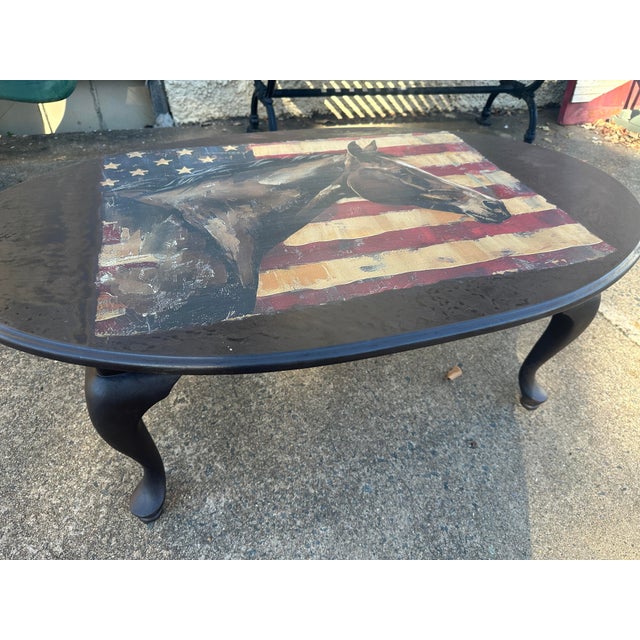 Wood Patriotic Horse Coffee Table, Oval, Queen Anne Legs For Sale - Image 7 of 10