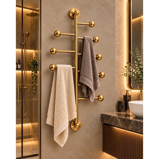 Brass Wall Mounted Towel Rack | Vertical Multi-Arm Towel Holder | Luxury Bathroom Decor | Modern Brass Towel Bar With Finials 36 Inches For Sale - Image 9 of 11