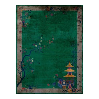 Outstanding Green Open Field Wiht Gray Border in a Floral Pattern Antique Chinese Art Deco Rug For Sale
