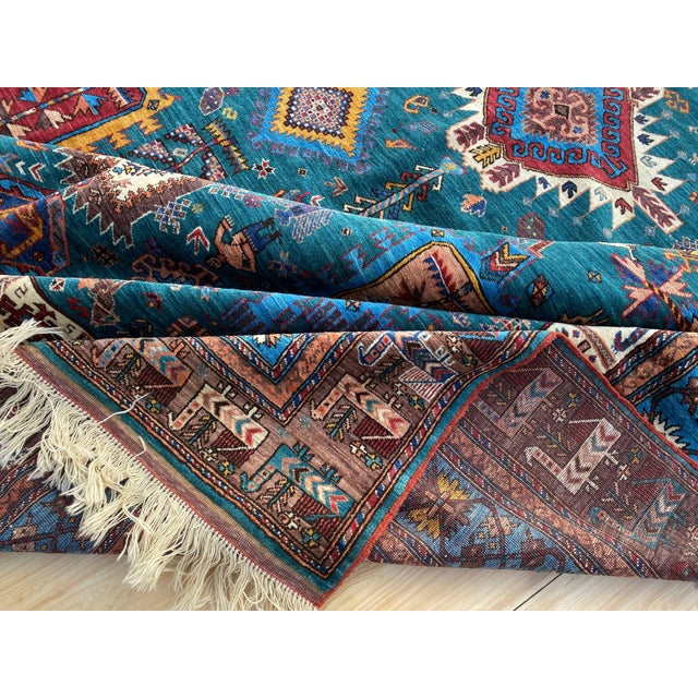 Vintage Teal Wool Kazak-Style Tribal Rug 9 X 13 For Sale - Image 14 of 17