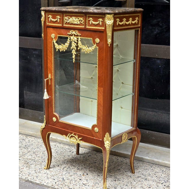 2020s Louis XV Marquetry Bedside Cabinet With Glass Door, Marble Top & Gold Accents For Sale - Image 5 of 9