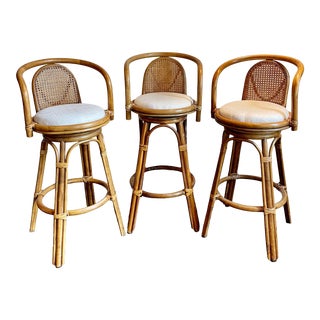 Palm Beach Style Bamboo Cane & Bentwood Barstools - Set of 3 For Sale