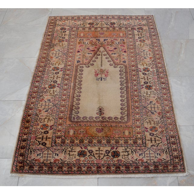 Vintage Hand-Knotted Turkish Rug Prayer Rug Super Fine Wool Rug Wall Decor Religious Tapestry 3x5 Ft Approx For Sale - Image 9 of 18