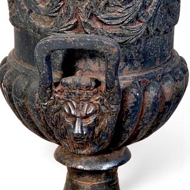 Pair of Antique French Cast Iron Campana Garden Urns With Lion Mask Handles 24" For Sale - Image 9 of 10