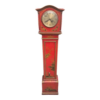 Antique 1920s English Chinoiserie Grandmother Clock Red Lacquer 50.5” Longcase For Sale
