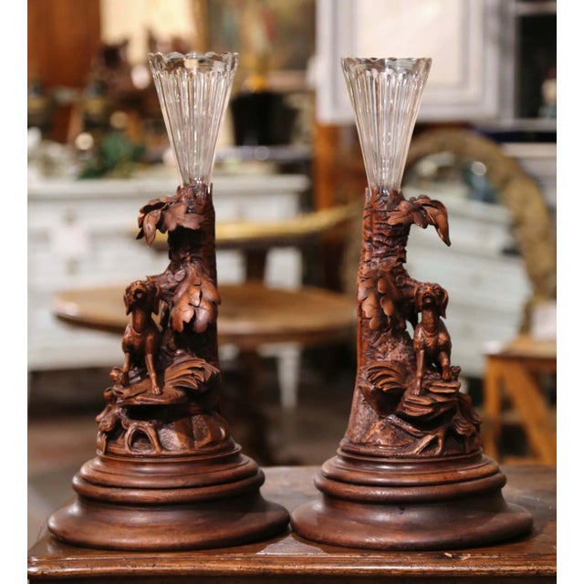 Brown Pair of 19th Century French Black Forest Crystal Vases With Dog Sculptures For Sale - Image 8 of 12