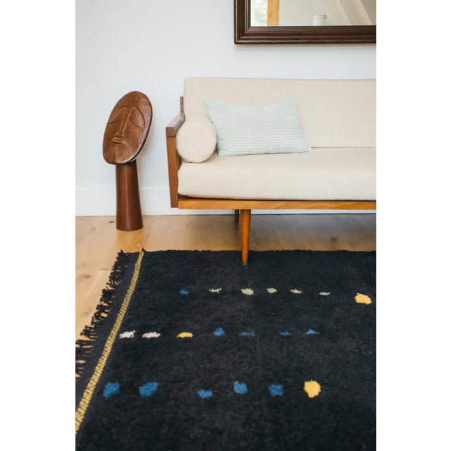Textile Midnight Black With Multicolor Linear Dot Pattern Handmade-To-Order Moroccan Wool Rug - 4x6 Ft For Sale - Image 7 of 10
