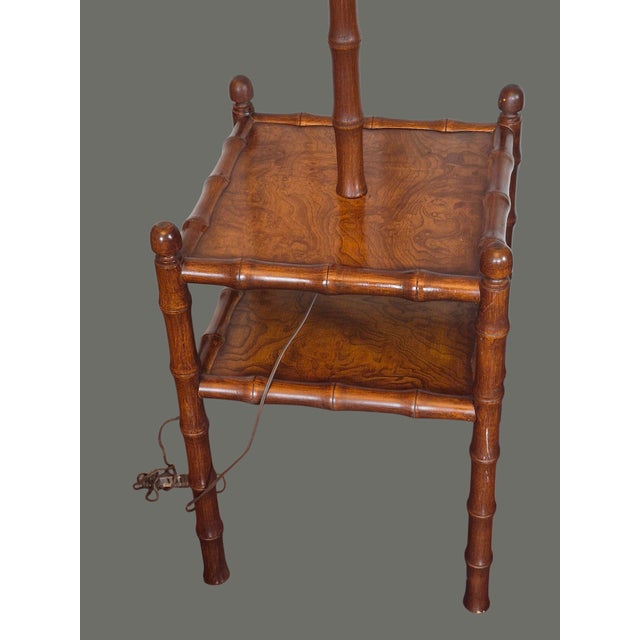 Late 20th Century Faux Bamboo Fruitwood Burlwood Canterbury Style End Table Floor Lamp W/Shade For Sale - Image 9 of 11
