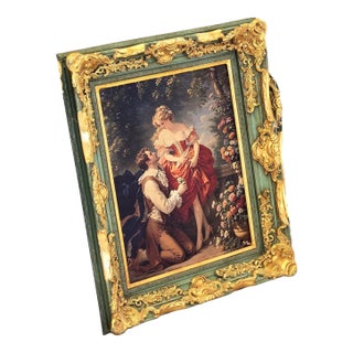 French Rococo Romantic Courtship Wall Art With Hand-Gilded Gold Leaf Frame in Sage Green Finish For Sale