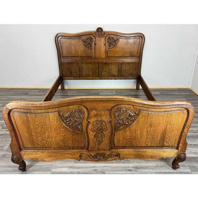 Vintage French Louis XVI Style Oak Double Bed Frame with Carved Headboard For Sale - Image 10 of 10