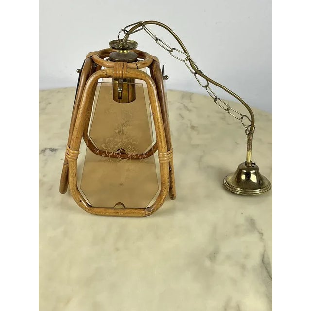 Tan Bamboo and Hand-Engraved Murano Glass Chandelier, Italy, 1950s For Sale - Image 8 of 10