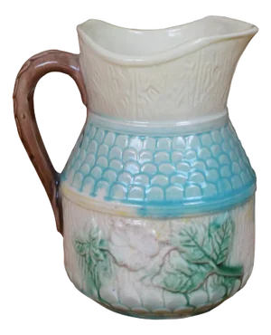 Antique Majolica Farmhouse Wild Rose Flower Wood Grain Creamer Pitcher