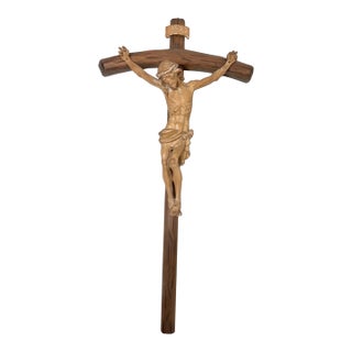 1970s Share Large Vintage Hand Carved Wood Religious Jesus Crucified Cross Sculpture God For Sale