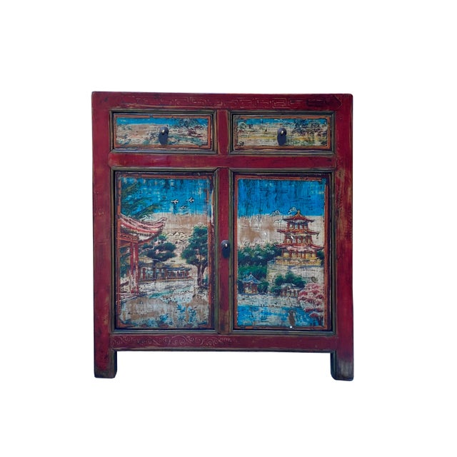 Brick Red Chinese Distressed Red Blue Old Scenery Graphic Credenza Cabinet For Sale - Image 8 of 8