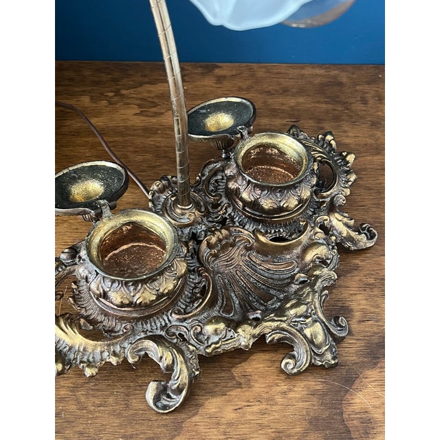 Antique Rococo Revival Brass Desk Lamp With Frosted Glass Shade — Early 20th Century, Circa 1920s–1930s For Sale In New York - Image 6 of 18