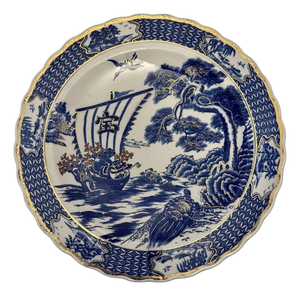 Vintage Shirokiya Japan Blue & White Gilded Porcelain 13.75” Charger Plate.