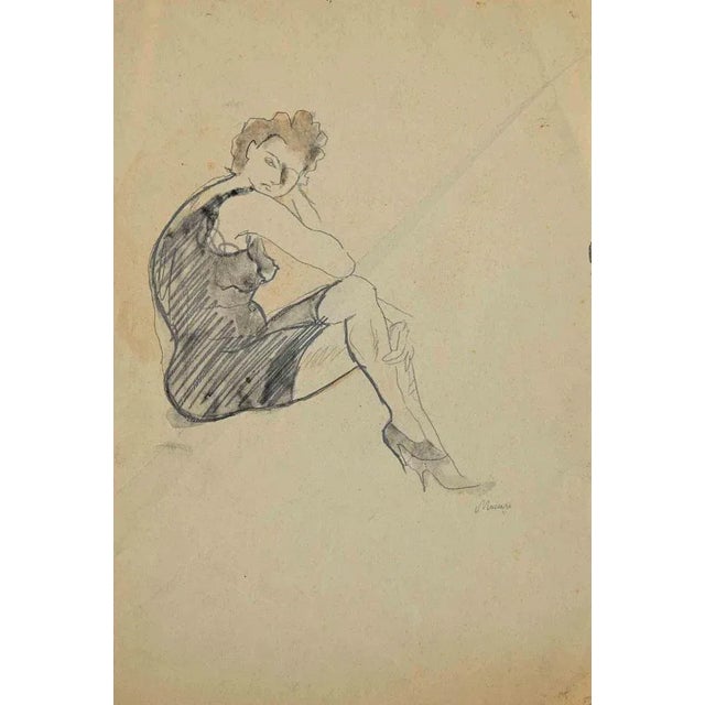 Woman is an original China Ink Drawing and Watercolour realized by Mino Maccari in mid-20th Century. Good condition on a...