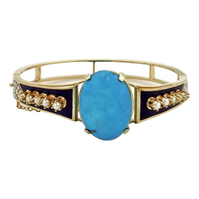 Vintage 14k Yellow Gold Turquoise Pearls & Enamel Bangle Bracelet For Sale