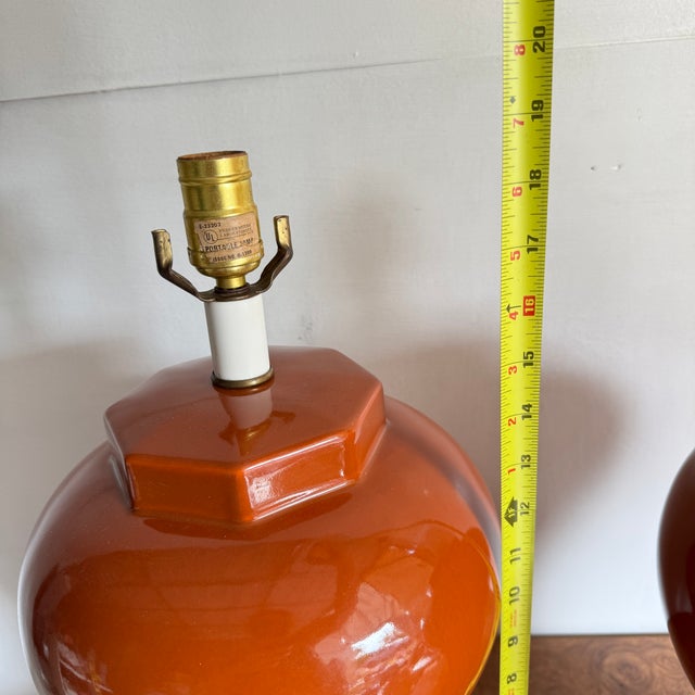 Ceramic Mid Century Modern Terra Cotta Colored Ceramic Table Lamps- A Pair For Sale - Image 7 of 12