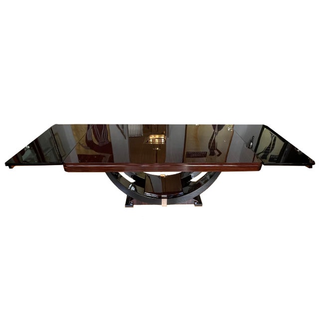 Wood Art Deco Dining Table in Makassar Ebony and Black Lacquer with Gondola Base, 1930 For Sale - Image 7 of 18