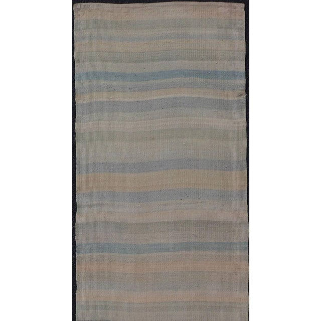Vintage Turkish Kilim Runner Pastel Stripes Ivory Blue Beige Wool Rug For Sale In Atlanta - Image 6 of 11