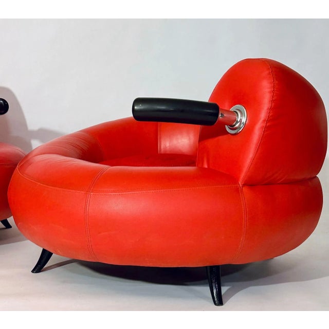 Red leather post modern lounge chair, with upholstery seat, Italy 1990