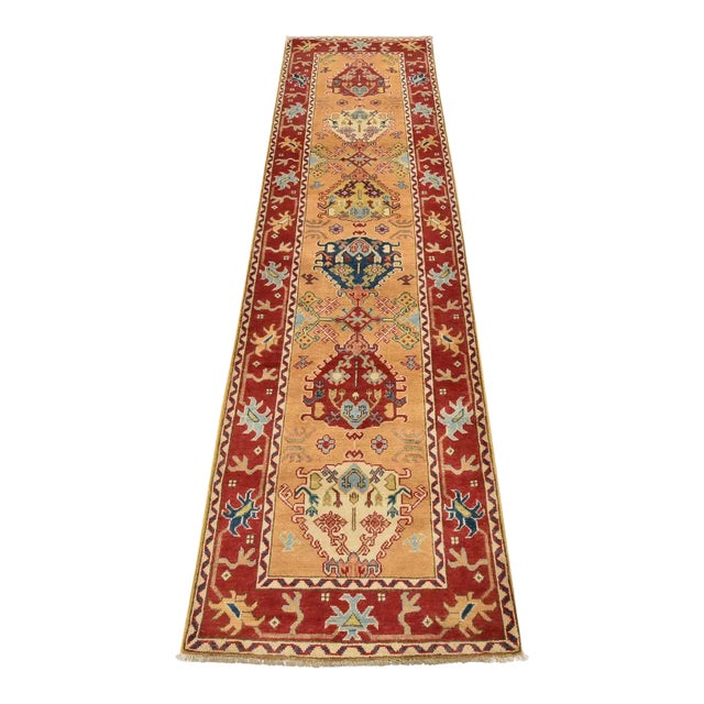 Kazak Runner 2’8” X 9’9” Gold Wool Tribal Hand-Knotted Oriental Rug For Sale