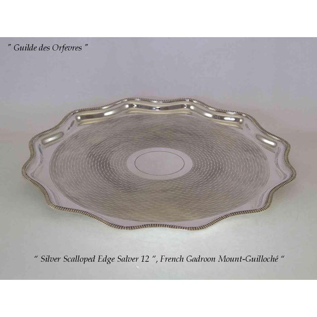 Transitional 1970’s Vintage/New Silverplate Scalloped Edge Salver, Gadroon Mount, Engine Turned/Guilloché For Sale - Image 3 of 12