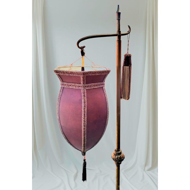 Vintage Fortuny Style Red Tassel Bridge Arm Faux Leather Gold Leaf Floor Lamp For Sale In West Palm - Image 6 of 11