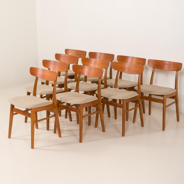 Set of 10 Danish teak dining chairs by Farstrup Møbler, Denmark 1960s. The chairs feature meticulously crafted solid beech...