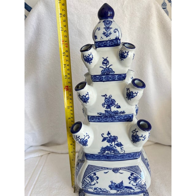 Ceramic Large Tulipiere Vase Blue & White Single Tier Delft Style Chinoiserie For Sale - Image 7 of 9
