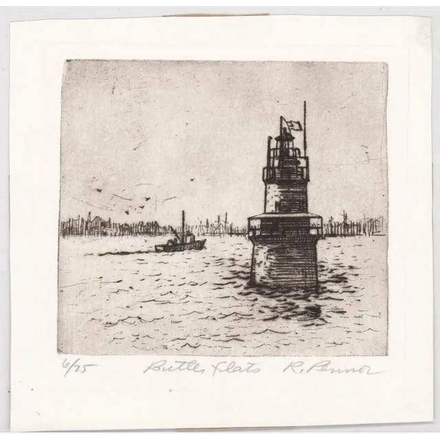 Robert Pennor (Born 1945) etching on paper of the Butler Flats lighthouse off the coast of New Bedford, Massachusetts in...