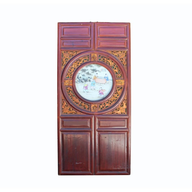 Wood Chinese Vintage Round Porcelain Scenery Wood Wall Panel Art For Sale - Image 7 of 7