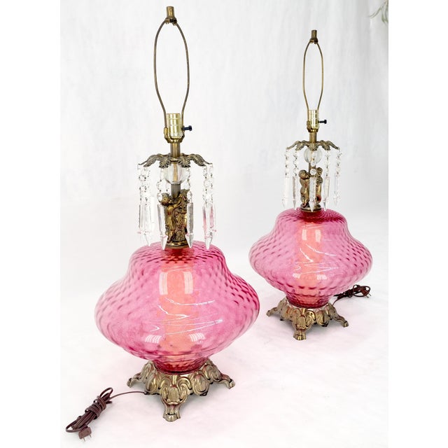 Hollywood Regency Pair of Large Cranberry Glass Crystal Decorated Table Lamps MINT! For Sale - Image 3 of 15
