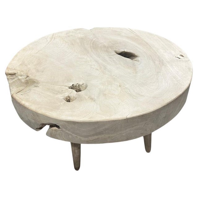 Impressive four inch single slab reclaimed teak wood coffee table. We bleached the teak and added a light white wash...