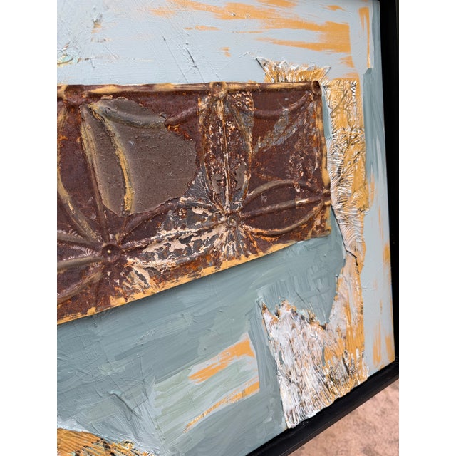 Mid-Century Modern Style Mixed-Media Abstract Painting With Painted Tin Ceiling Tile Component – Framed For Sale - Image 4 of 4