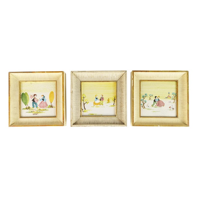 Italian Wall Decorative Ceramic Tiles with Wooden Frame by Lina Poggi Assalini for Ce. As., 1950s, Set of 3 For Sale - Image 9 of 9