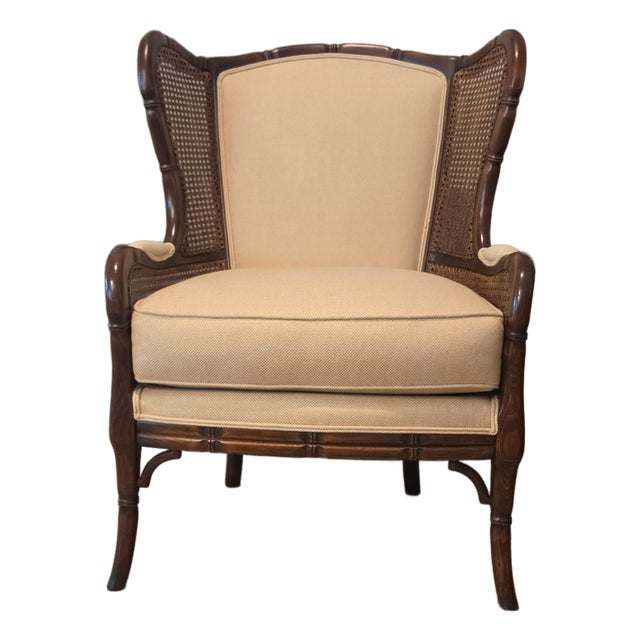 Vintage Ethan Allen Faux Bamboo Cane Wingback Bergere Chair - Hollywood Regency For Sale