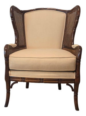 Vintage Ethan Allen Faux Bamboo Cane Wingback Bergere Chair - Hollywood Regency
