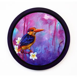 Oriental Pygmy Kingfisher by Corina St. Martin | Acrylic on Float Wood Panel Bird on a branch with flowers For Sale