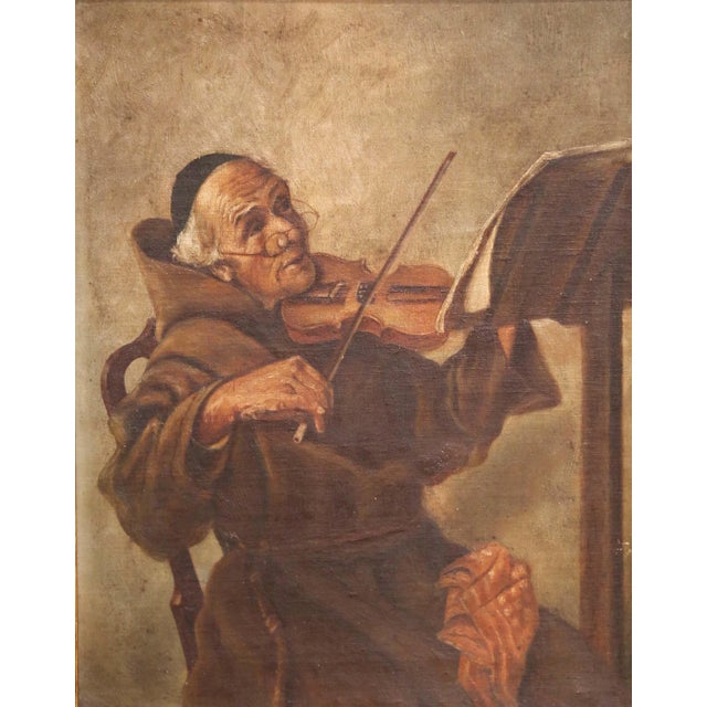 French 19th C. French Oil on Canvas Painting of Monk Playing Violin in Gilt Frame For Sale - Image 3 of 9