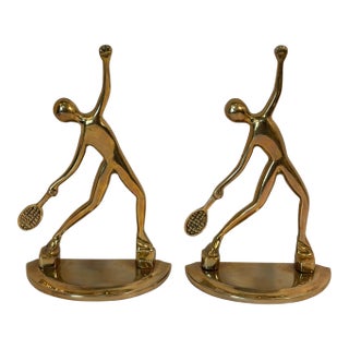 Mid Century Modern Abstract Brass Tennis Player Bookend Set of 2 For Sale