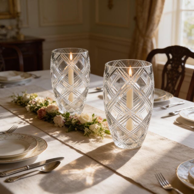 Dynasty-size pair of unmarked vintage European lead-crystal barrel hurricanes with crisscross cut detailing. Each measures...