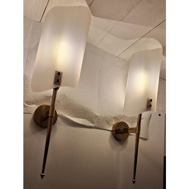 1960s Mid-Century Italian Wall Lamps with Brass Frame and White Plastic Shades, 1960s, Set of 2 For Sale - Image 5 of 11