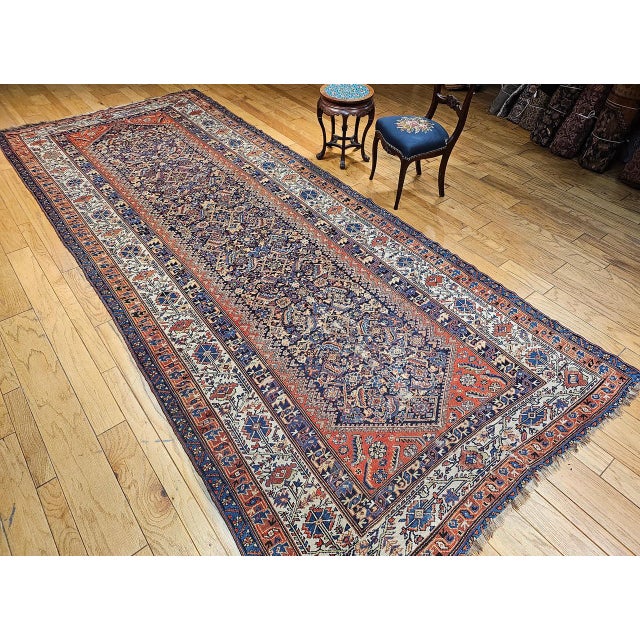 Persian Antique Persian Malayer Gallery Rug, Hand-Knotted Wool, Geometric Pattern, 7x15, Navy & Ivory For Sale - Image 3 of 18