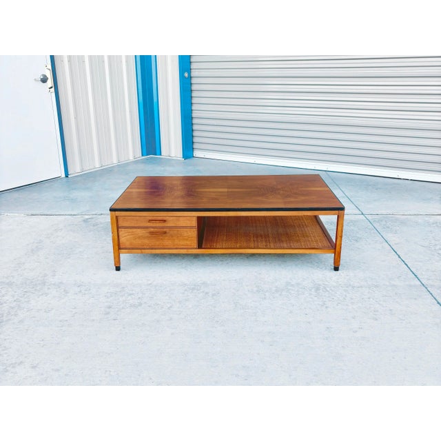 1960s Mid-Century Walnut Coffee Table With Four Drawers & Cane Shelf For Sale - Image 10 of 10