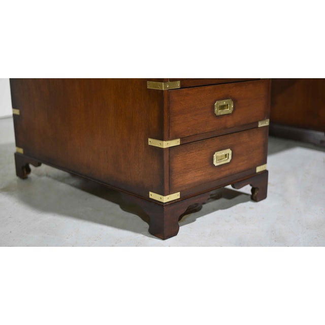 Brown Mid Century English Campaign Mahogany Partner Desk Green Leather Top For Sale - Image 8 of 11