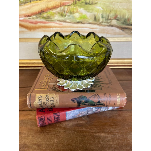 Green Vintage Green Pressed Glass Bowl With Scalloped Rim and Silver-Toned Floral Base. For Sale - Image 8 of 10
