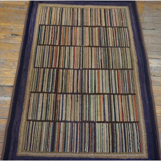 1920s Multi Purple Stripe Folk Art Antique American Hooked Rug 2'7" X 3'8" Knotted Wool Carpet For Sale - Image 10 of 13