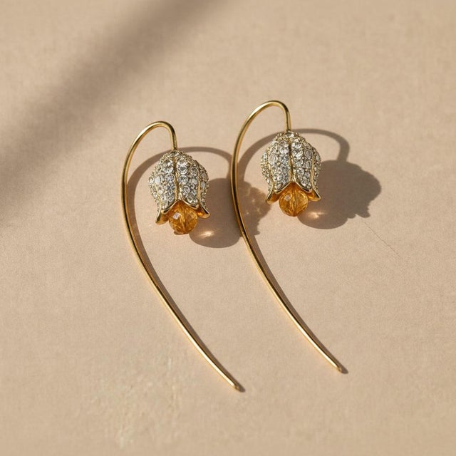 Modern Silver, Gold Lily Flower Earrings With Citrine Briolettes, Pair For Sale - Image 3 of 6